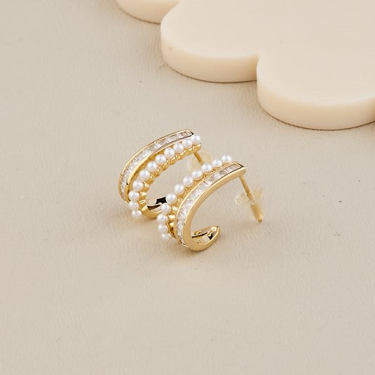Elegant Gold Hoop Earrings with Pearl Beads & Sparkling CZ Stones