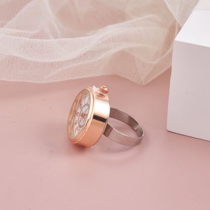 Rose Gold Round Dial Ring Watch with Stylish Hour Markers – Compact & Trendy Design