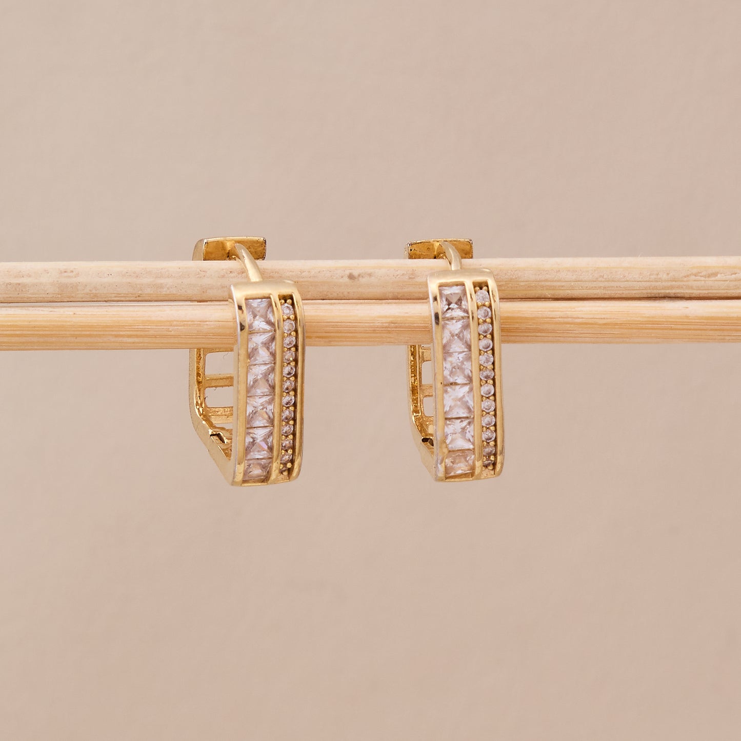 Gold Square-Cut Stone Hoop Earrings