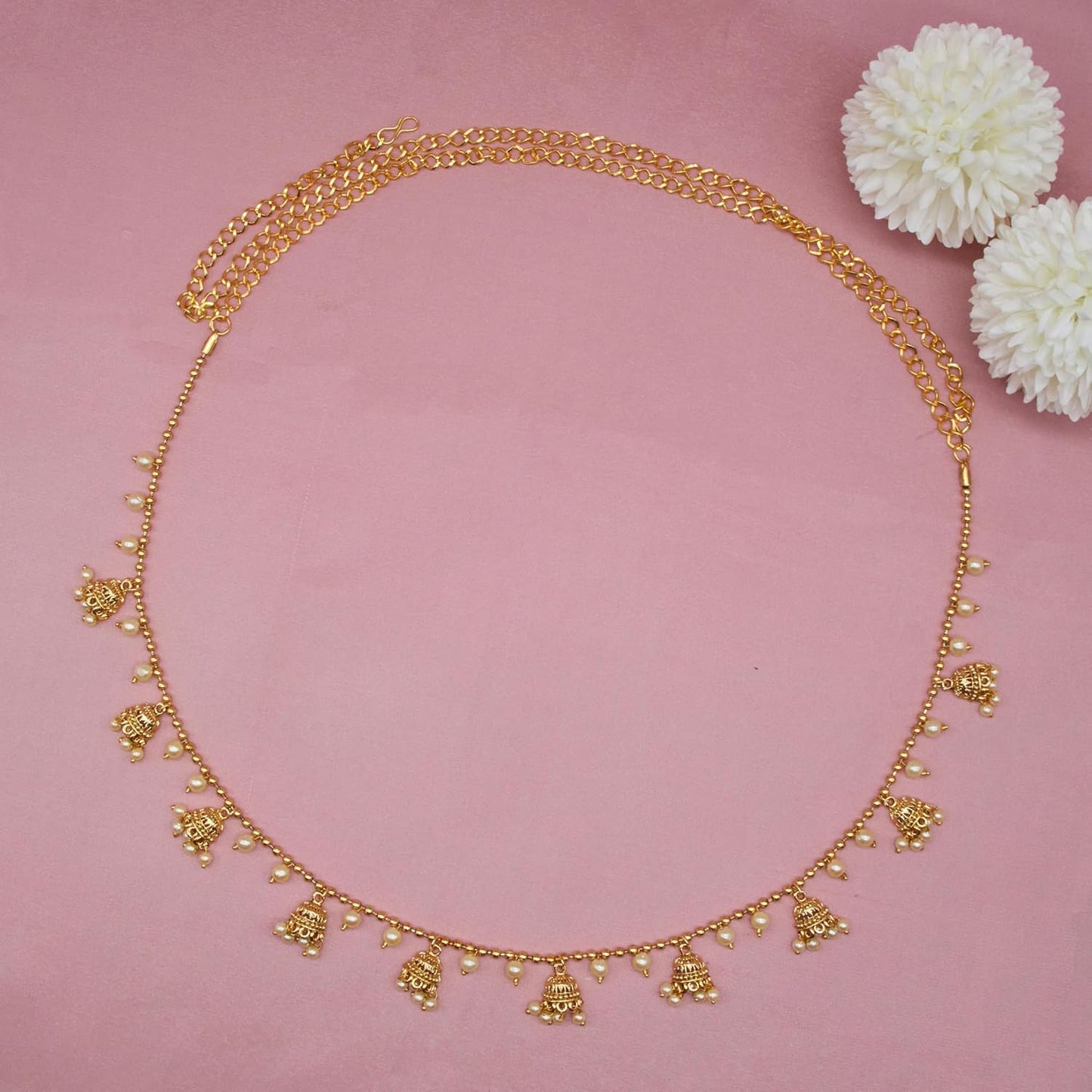 Traditional Golden Beads Waist Hip Chains Kamarband with Pearl Drops Ethnic Waist Chain Saree Vaddanam for Women & Girls