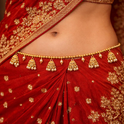 Traditional Golden Beads Waist Hip Chains Kamarband with Pearl Drops Ethnic Waist Chain Saree Vaddanam for Women & Girls
