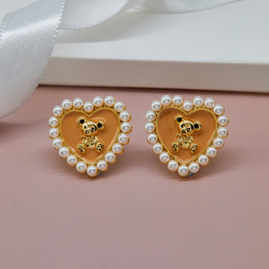 Gold Heart Earrings with Pearls Floral Elegance & Charm