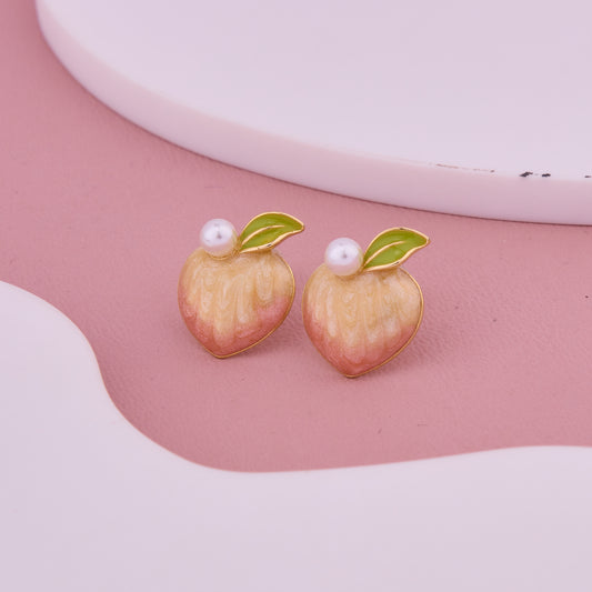 Peach Green Leaf Pearl Studs