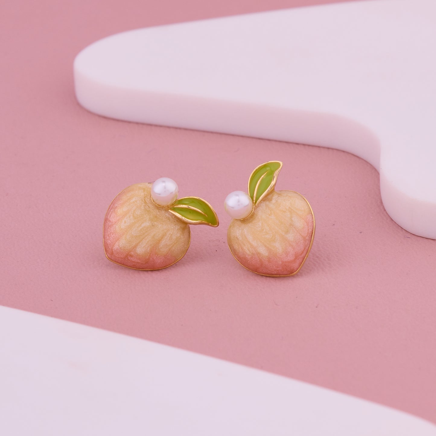 Peach Green Leaf Pearl Studs