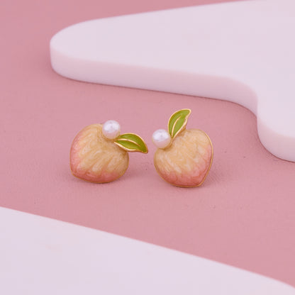 Peach Green Leaf Pearl Studs