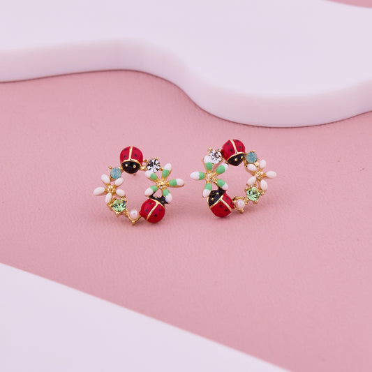 Ladybug Floral Hoop Studs