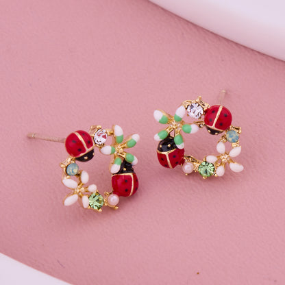 Ladybug Floral Hoop Studs