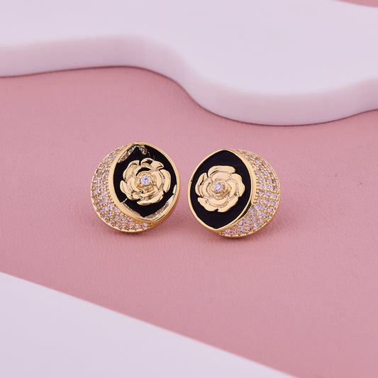 Golden Floral Dome Studs with Black Enamel & Crystals