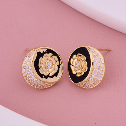Golden Floral Dome Studs with Black Enamel & Crystals