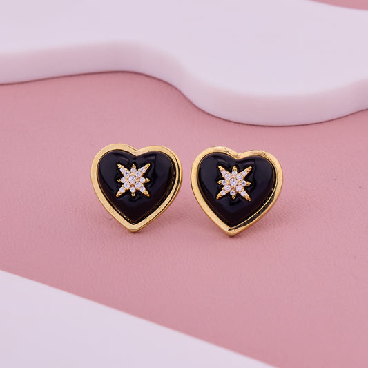 Golden Heart Studs with Black Enamel & Star Crystal Design
