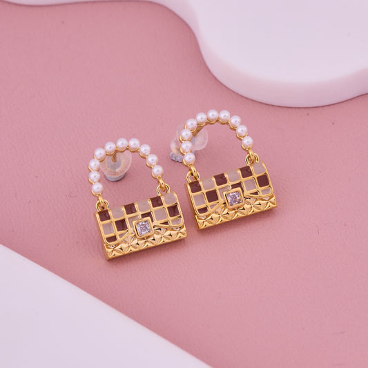 Brown Pearl Handle Handbag Earrings
