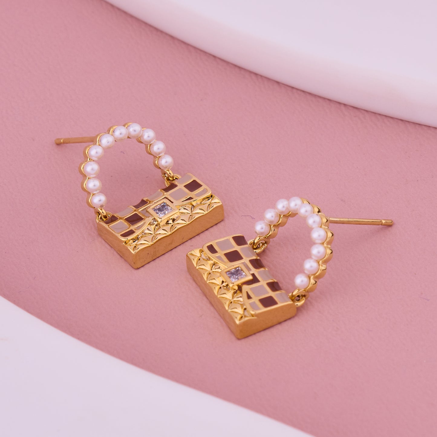 Brown Pearl Handle Handbag Earrings