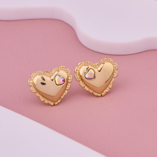 Golden Puffy Heart Crystal Earrings