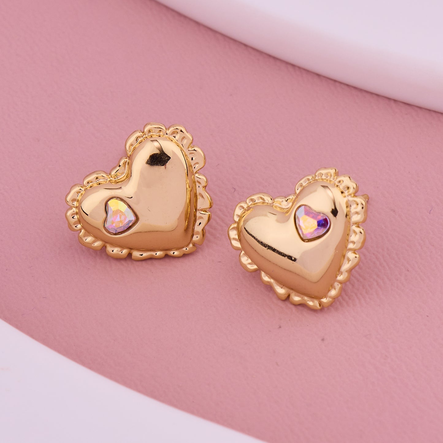 Golden Puffy Heart Crystal Earrings