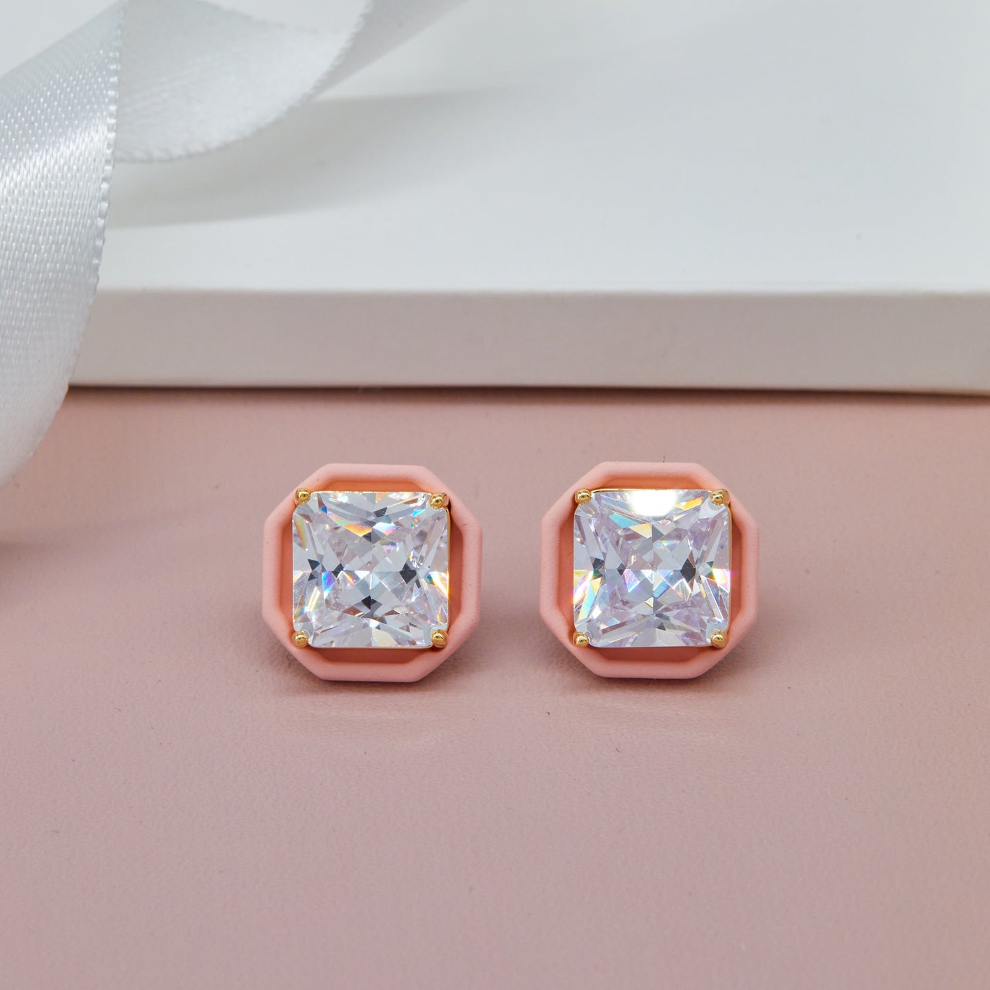Pink Framed Earrings Enamel & Gemstone Elegance