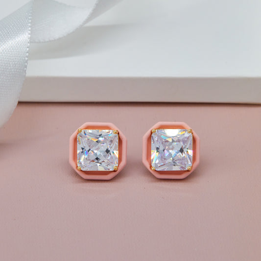 Pink Framed Earrings Enamel & Gemstone Elegance
