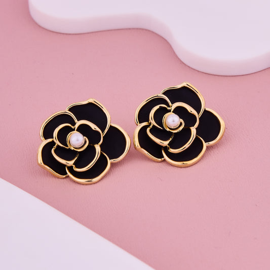 Black Floral Pearl Stud Earrings