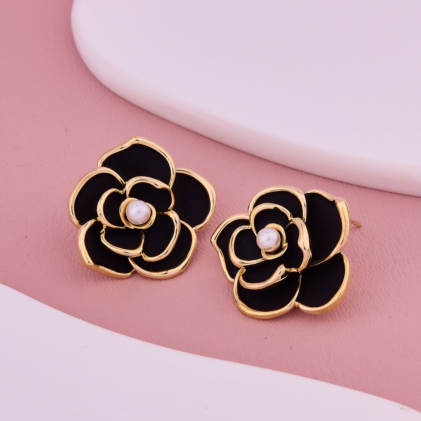Black Floral Pearl Stud Earrings