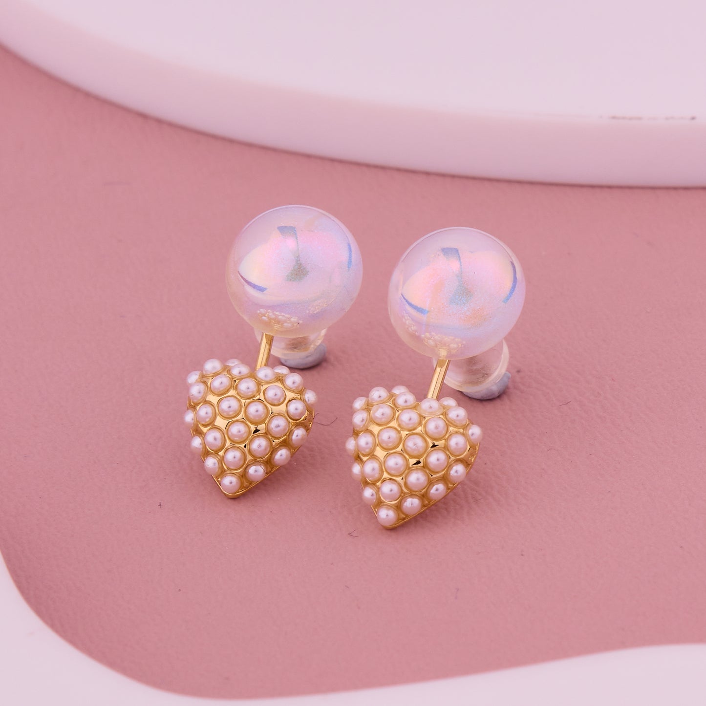 Iridescent Bubble & Pearl Heart Drop Earrings