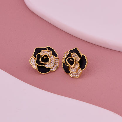 Black & Gold Rose Crystal Petal Stud Earrings