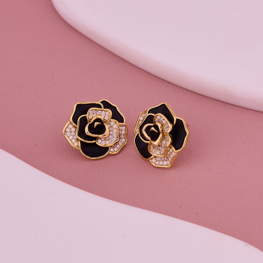 Black & Gold Rose Crystal Petal Stud Earrings