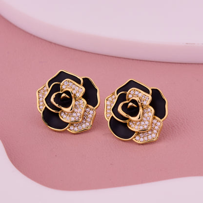 Black & Gold Rose Crystal Petal Stud Earrings