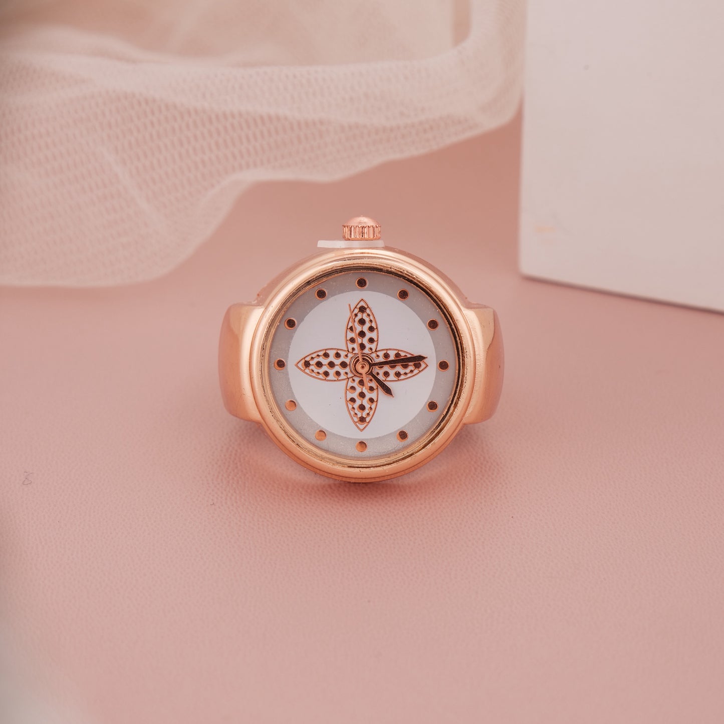 Rose Gold Ring Watch with Ornamental Floral Dial