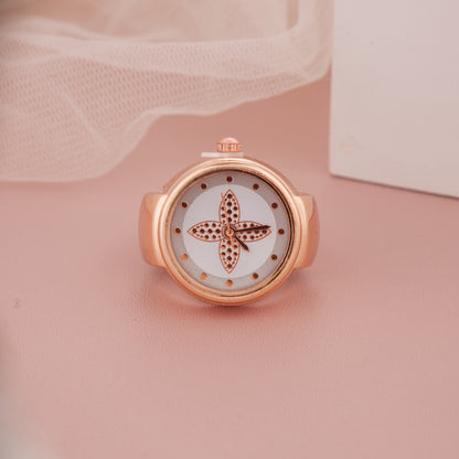 Rose Gold Ring Watch with Ornamental Floral Dial