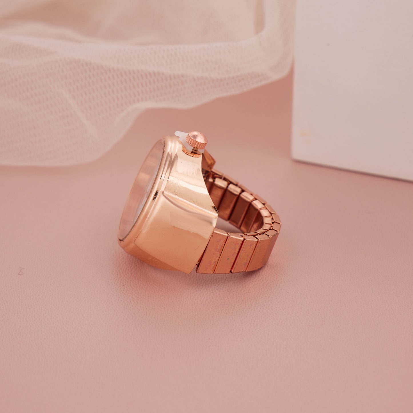 Rose Gold Ring Watch with Ornamental Floral Dial