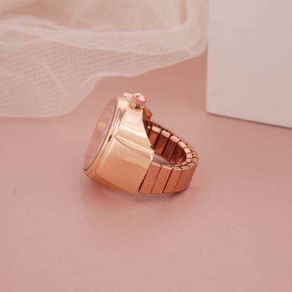 Rose Gold Ring Watch with Ornamental Floral Dial