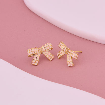 Pink & Gold Checkered Bow Tie Stud Earrings