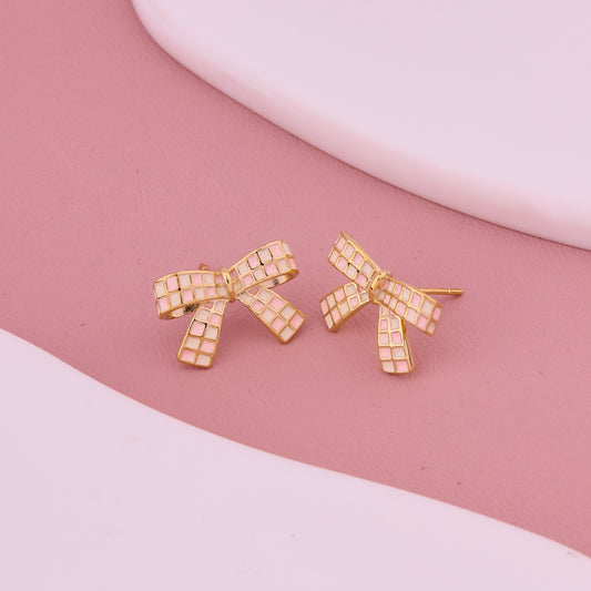Pink & Gold Checkered Bow Tie Stud Earrings