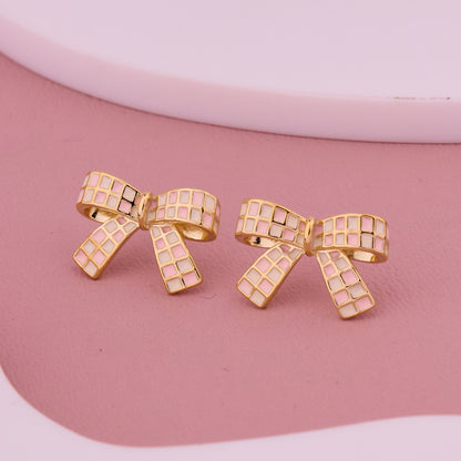 Pink & Gold Checkered Bow Tie Stud Earrings