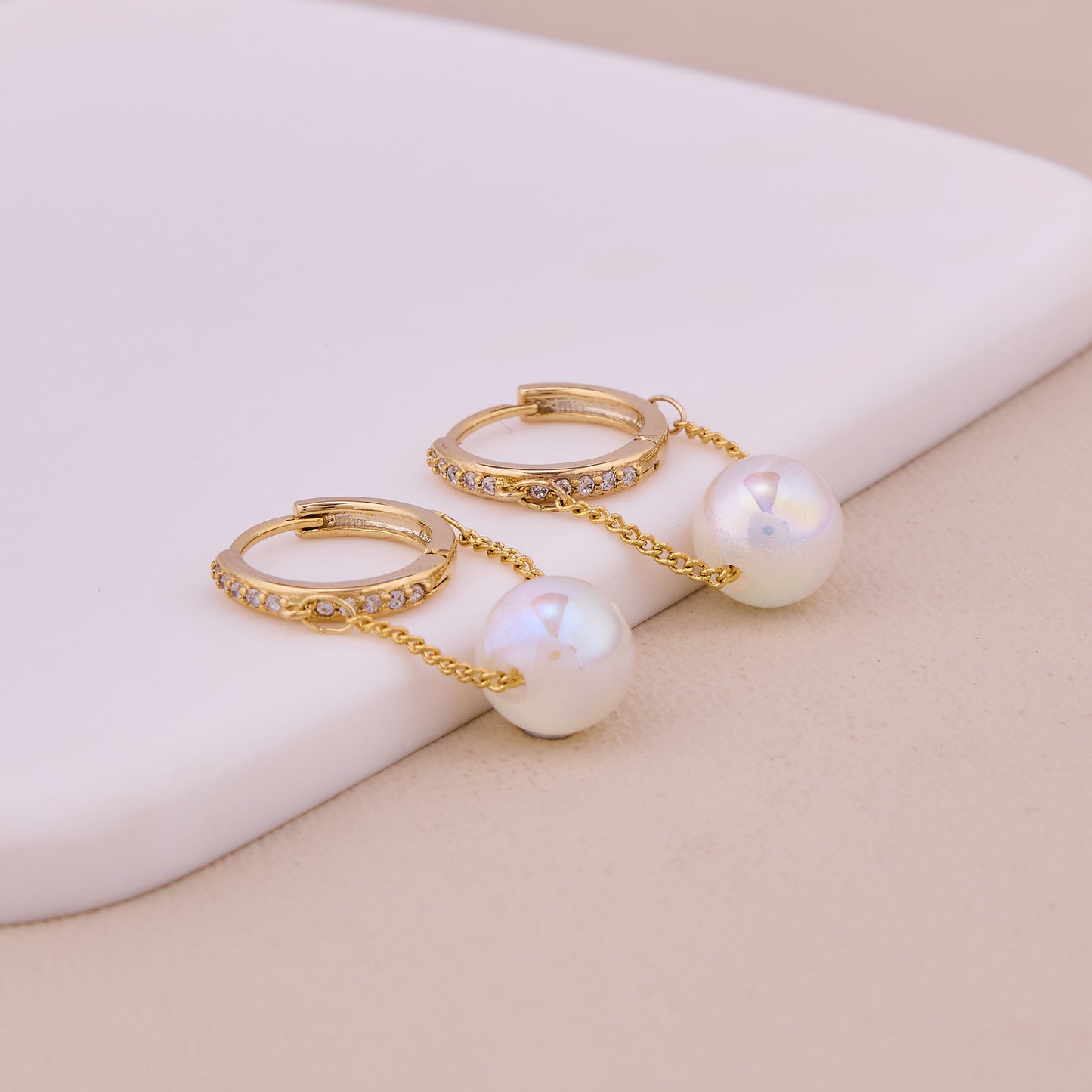 Gold Hoop Earrings with Pearl Drop & CZ Accents