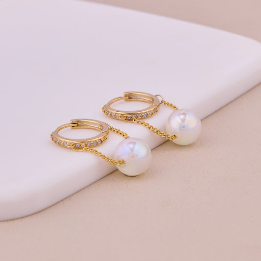 Gold Hoop Earrings with Pearl Drop & CZ Accents