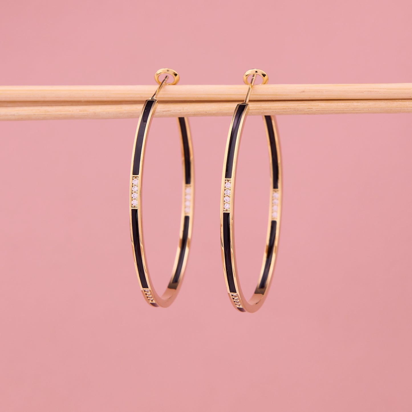 Gold Hoop Earrings with Black Enamel & CZ Accents