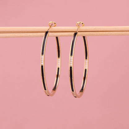 Gold Hoop Earrings with Black Enamel & CZ Accents