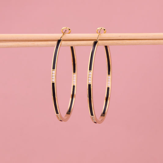 Gold Hoop Earrings with Black Enamel & CZ Accents