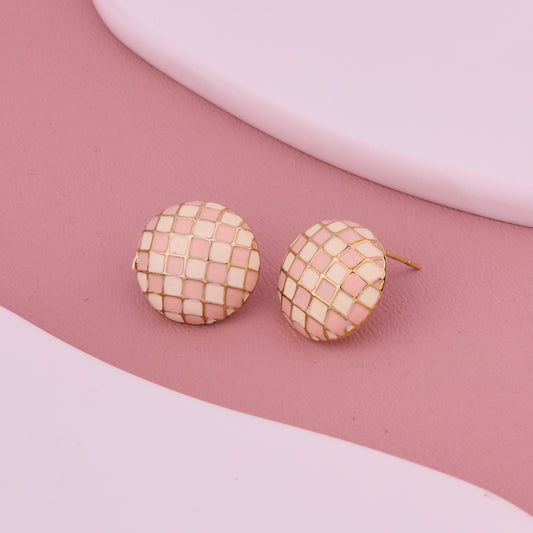 Pink & Gold Checkered Dome Stud Earrings