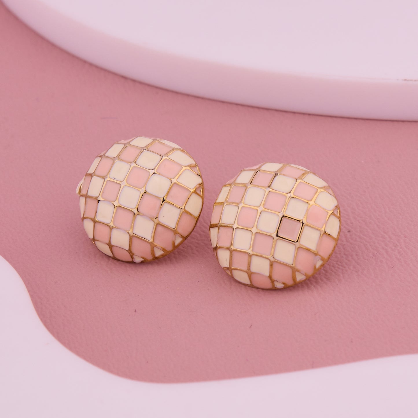 Pink & Gold Checkered Dome Stud Earrings