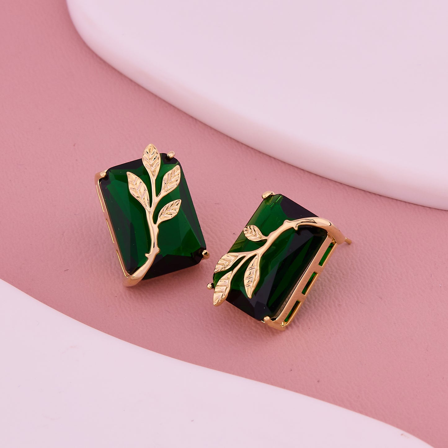 Emerald Green Gemstone Leaf Motif Stud Earrings