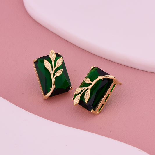 Emerald Green Gemstone Leaf Motif Stud Earrings