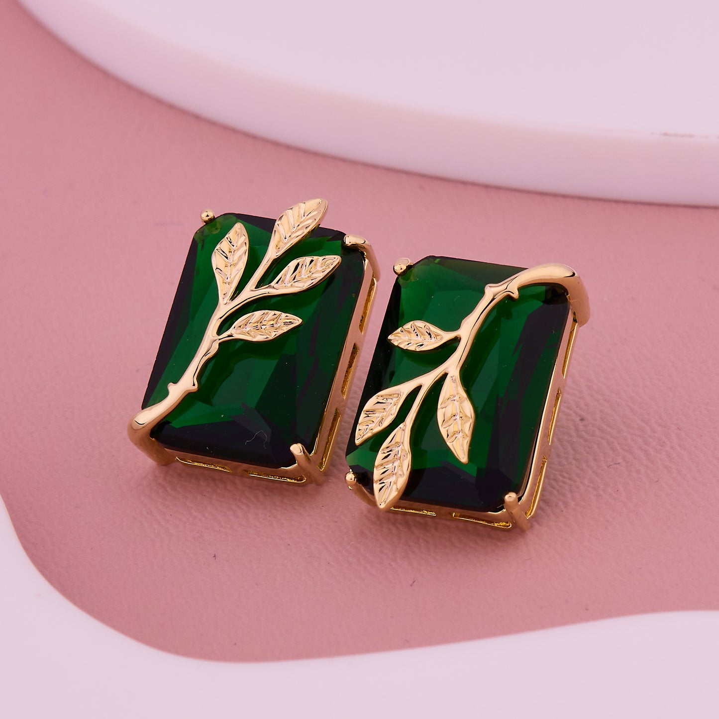 Emerald Green Gemstone Leaf Motif Stud Earrings