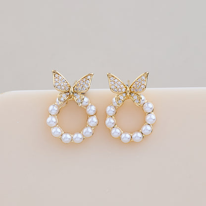 Gold Butterfly Pearl Hoop Earrings