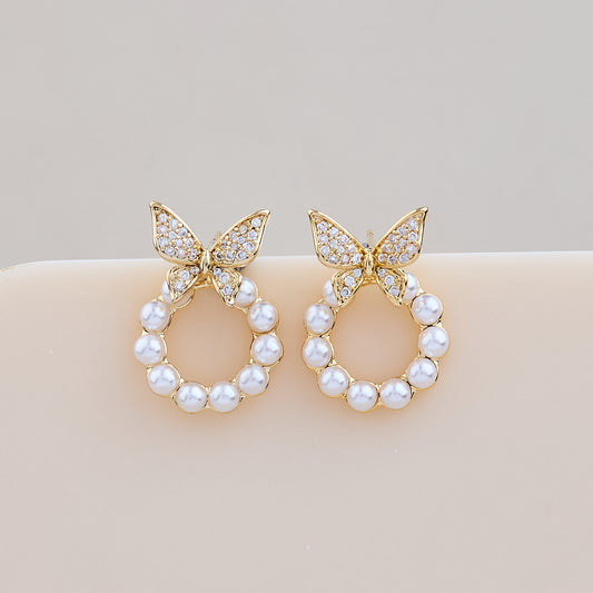 Gold Butterfly Pearl Hoop Earrings