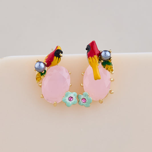 Tropical Bird & Blossom Pink Stone Earrings