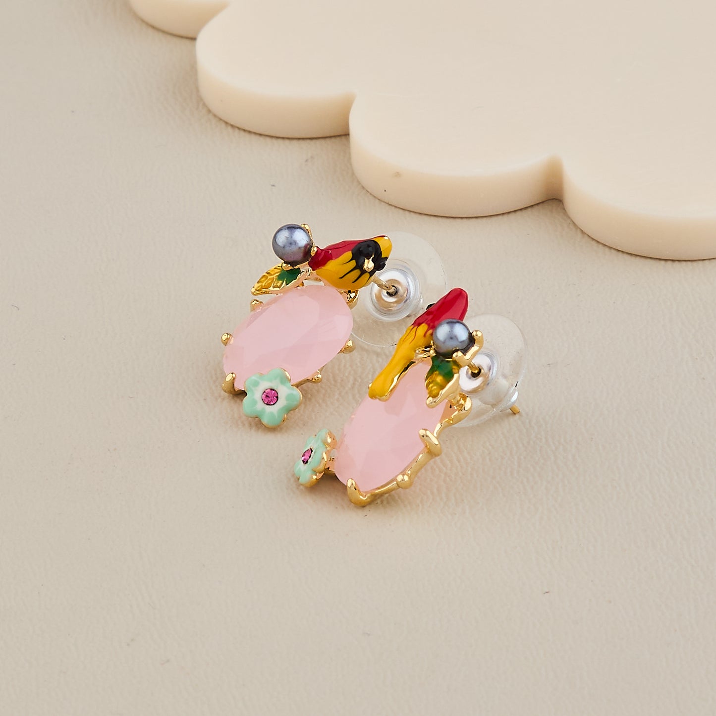 Tropical Bird & Blossom Pink Stone Earrings