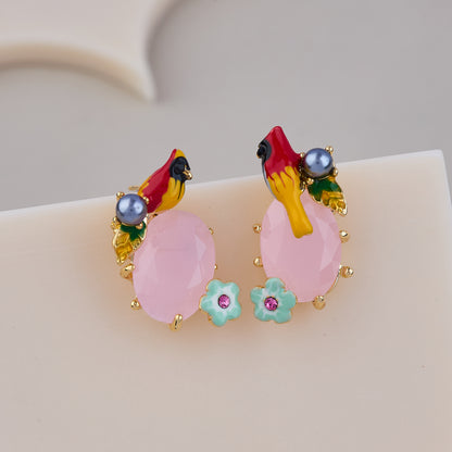 Tropical Bird & Blossom Pink Stone Earrings