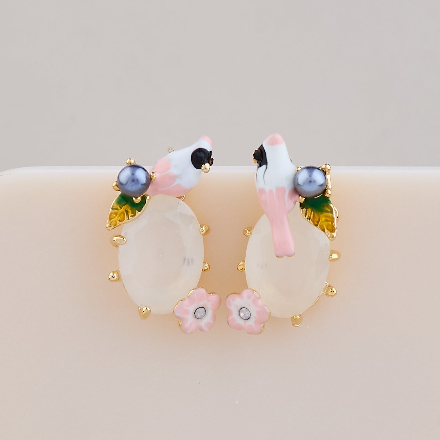 Blush Bird & Blossom White Stone Earrings
