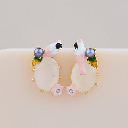 Blush Bird & Blossom White Stone Earrings